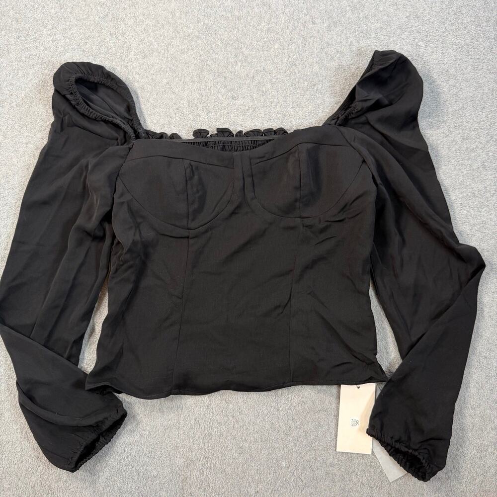 COMMENSE Women's Medium Black Bustier Style Smocked Puff Long Sleeve Crop Top